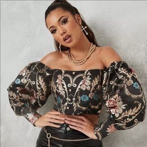 Black Floral Brocade Puff Sleeve Crop Top